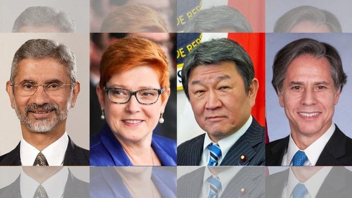 L to R: External Affairs Minister S. Jaishankar; Australia's Minister for Foreign Affairs Marise Payne; Japan’s Minister of Foreign Affairs Motegi Toshimitsu; US Secretary of State Antony Blinken | Photo: Twitter