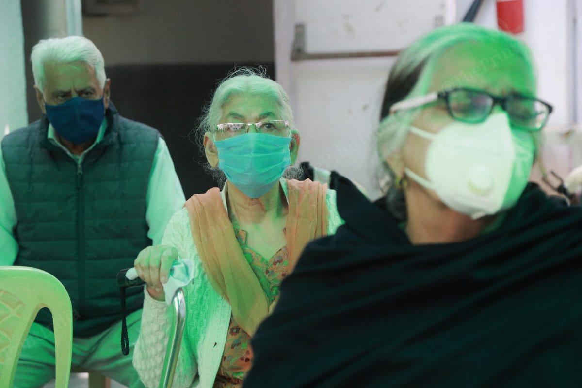 Old people wait in queue for the vaccination. At Gangaram hospital there were seating arrangement for everyone | Photo: Manisha Mondal | ThePrint