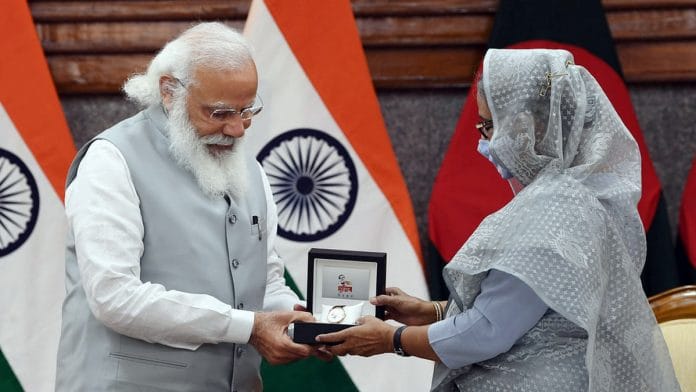 Prime Minister Narendra Modi with his Bangladesh counterpart Sheikh Hasina in Dhaka on 27 March | Photo: ANI