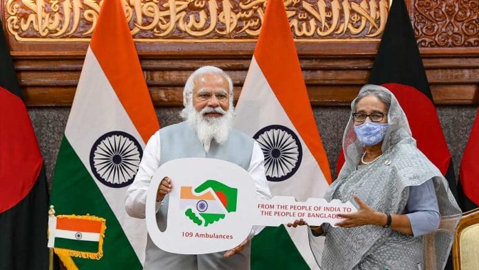 Prime Minister Narendra Modi with Bangladesh PM Sheikh Hasina on 27 March | PTI