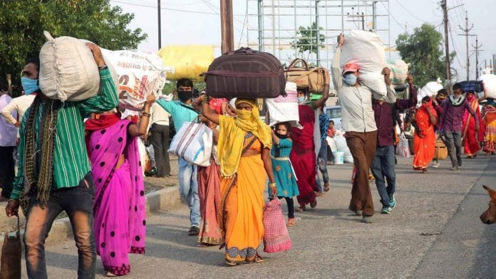 File photo of migrants travelling back to their home towns during the nationwide lockdown amid the Covid pandemic, in Chhattisgarh in May 2020 | ANI