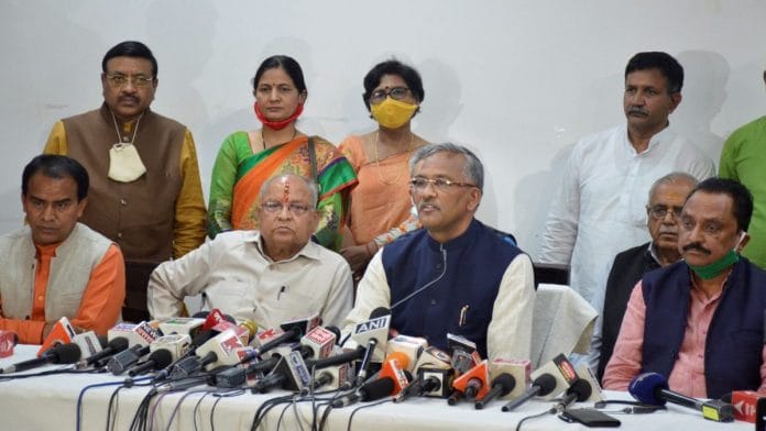 Trivendra Singh Rawat addresses a press conference after tendering his resignation as Uttarakhand chief minister to Governor Baby Rani Maurya, in Dehradun, on 9 March 2021 | Photo: PTI