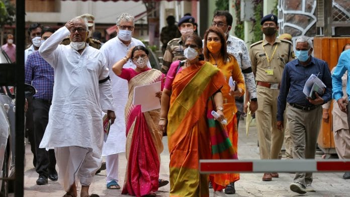 Trinamool Congress MP Derek O'Brien, Saugata Roy, Kakoli Ghosh Dastidar, Satabdi Roy, Pratima Mondal and Santanu Sen meet Election Commission (EC) officials in Delhi on 12 March, 2021 | Suraj Singh Bisht | ThePrint