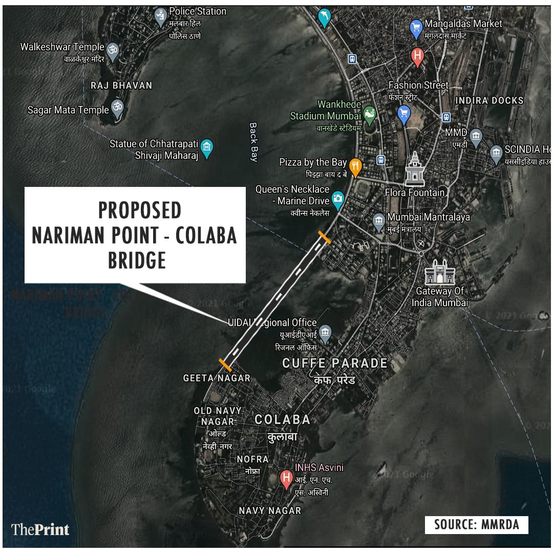 The proposed 1.6 km bridge connecting Colaba and Nariman Point | Map: Soham Sen