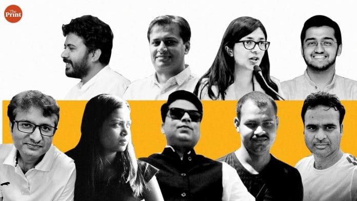 (Clockwise): Durgesh Pathak, Jasmine Shah, Swati Maliwal, Akshay Marathe, Amit Mishra, Bibhav Kumar, Rishikesh Kumar, Ashwati Murlidharan and Gopal Mohan. | Illustration: Ramandeep Kaur/ThePrint