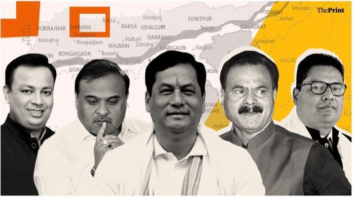 (From left to right) BJP leaders Pulak Gohain, Himanta Biswa Sarma, Sarbananda Sonowal, Chandra Mohan Patowary and Tapan Gogoi. | Illustration: Soham Sen/ThePrint