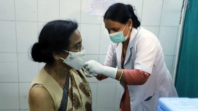 BJP Lok Sabha MP from Prayagraj, Rita Bhuguna Joshi gets her first dose of Covid-19 vaccine in the city on 1 March 2021. | Photo: ANI