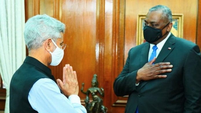 External Affairs Minister S Jaishankar and US Defence Secretary Lloyd Austin in New Delhi