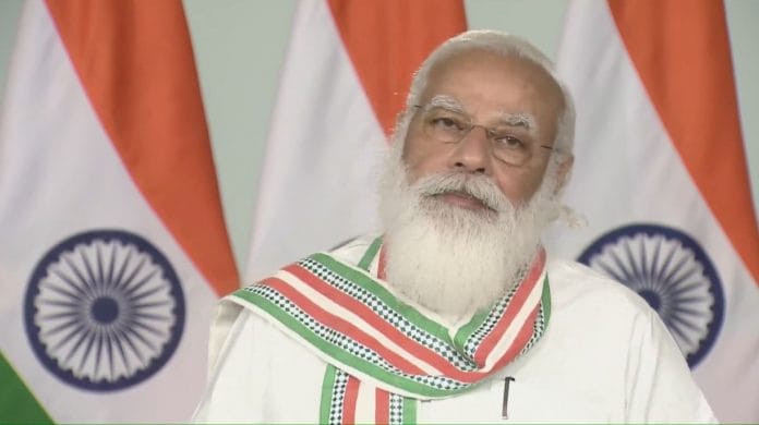 Prime Minister Modi addressing the 259-member high-level national committee set up to commemorate 75 years of India's independence, on 8 March 2021 | Twitter @BJP4India