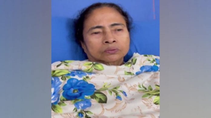 West Bengal CM Mamata Banerjee at her hospital bed in SSKM Hospital in Kolkata, West Bengal, on 11 March 2021 | ANI