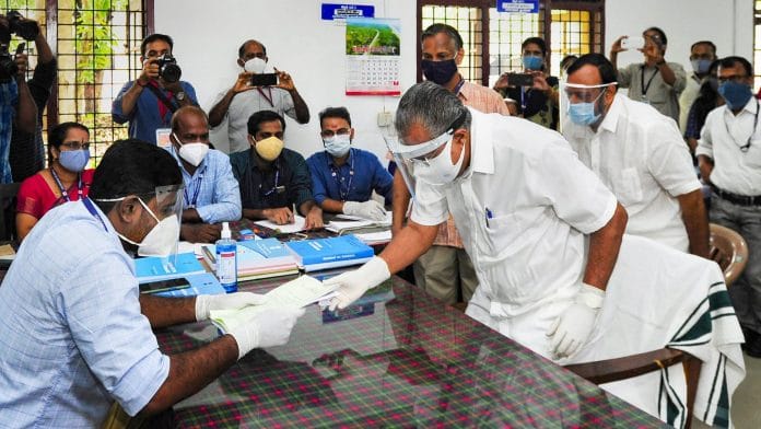 Kerala CM Pinarayi Vijayan files his nomination at Dharamadam constituency for the upcoming state assembly polls, in Kannur, Monday, March 15, 2021. | PTI
