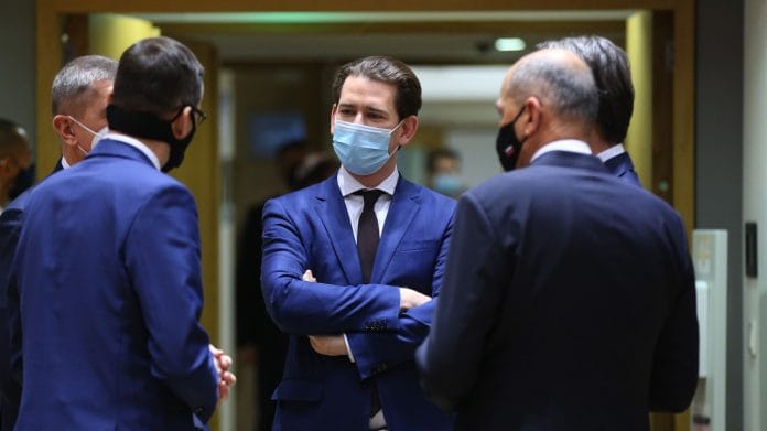 Sebastian Kurz, Austria's chancellor, stands with other European Union (EU) leaders during a roundtable meeting at a EU leaders summit in Brussels, Belgium, on Thursday, Dec. 10, 2020. | Dursun Aydemir | Anadolu Agency | Bloomberg
