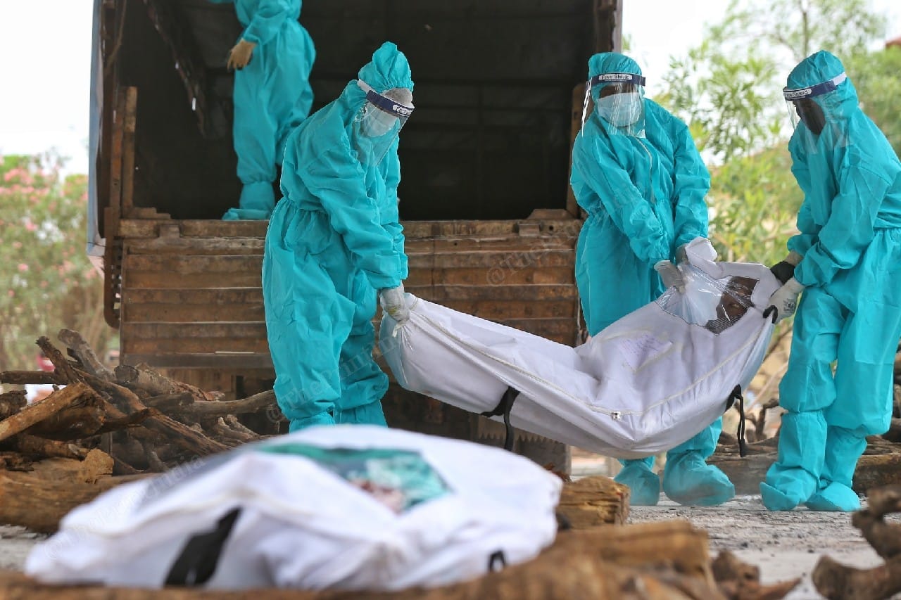 The dead bodies of Covid patients being taken to their funeral pyres. | Photo: Suraj Singh Bisht/ThePrint