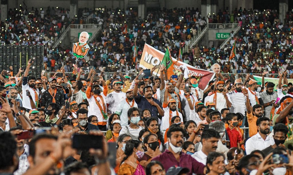 BJP supporters at an election campaign rally for the Kerala assembly polls on 2 April 2021 | PTI