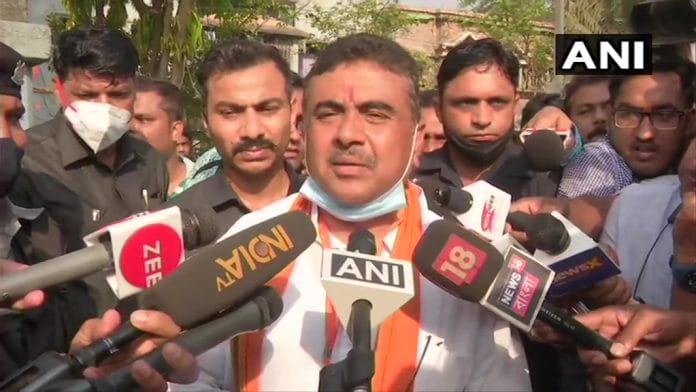 BJP leader Suvendu Adhikari addressing media after casting his vote for Nandigram constituency on 1 April, 2021 | Twitter/ANI