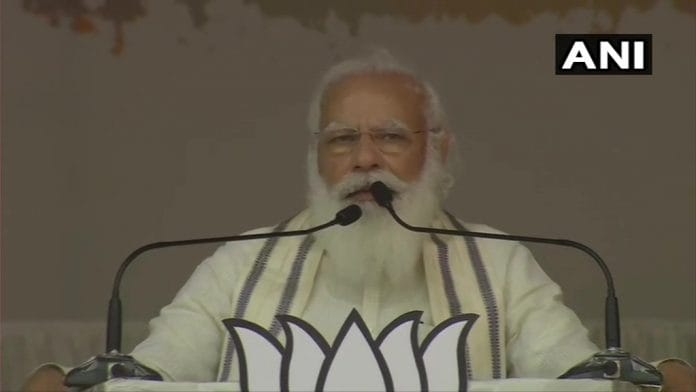 PM Modi addressing a rally in Konni, Pathanamthitta district in Kerala on 2 April, 2021 | Twitter/ANI