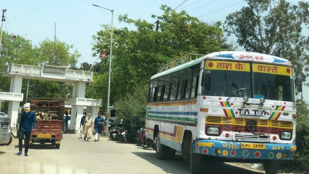 A bus turned into a hearse stands outside Gulala crematorium in Lucknow | Photo: Jyoti Yadav | ThePrint
