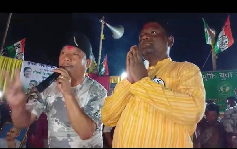 GJM’s Bimal Gurung campaigning for Trinamool candidate Joseph Munda | By special arrangement