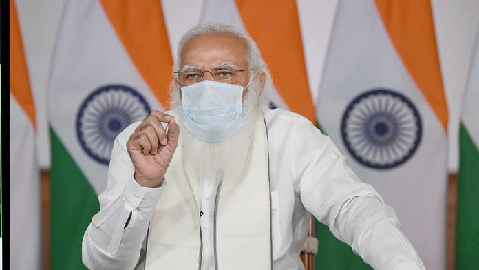 Prime Minister Narendra Modi during a meeting with chief ministers on Covid situations through video conferencing in New Delhi, on 23 April 2021