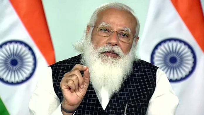 Prime Minister Narendra Modi during a meeting with chief ministers on the Covid-19 situation, in New Delhi on 8 April 2021. | Photo: ANI