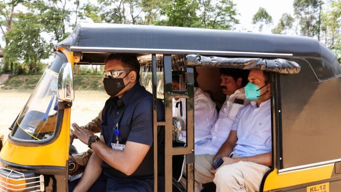 Congress leader Rahul Gandhi rides an auto-rickshaw at Kalpetta, Wayanad on 4 April 2021 | PTI Photo
