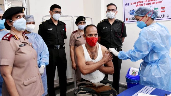 Representational image of an Armyman being vaccinated in Jabalpur | File photo: ANI