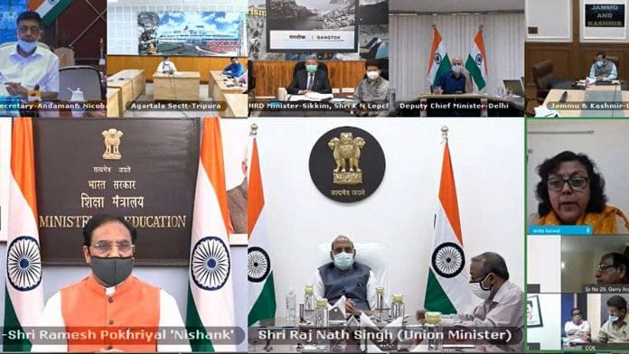 Defence Minister Rajnath Singh (centre) chaired a meeting Sunday on the issue of rescheduling board exams. It was also attended by Education Minister Ramesh Pokhriyal 'Nishank' and state ministers and officials | Photo: ANI