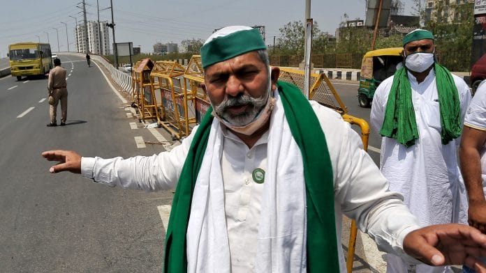 Farmer's leader Rakesh Tikait at Ghazipur border during a protest against farm law, on 21 April 2021.
