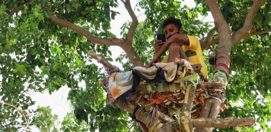 Shiva sits in his makeshift 'Covid isolation ward' — a mattress on a tree, in Nalagonda district, Telangana, in May 2021 | Manisha Mondal | ThePrint