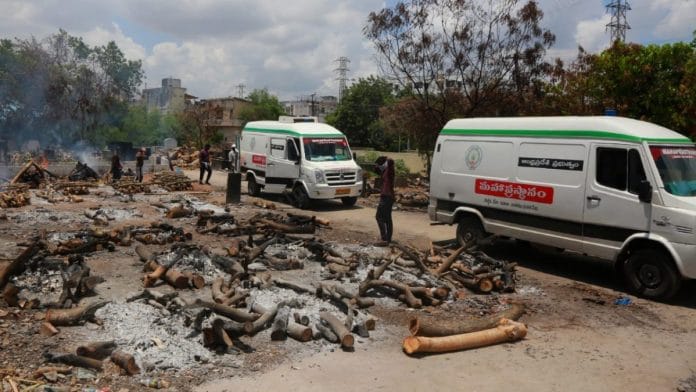 Ambulances queue up at the Hindu crematorium opposite the ESI hospital in Vijayawada | Photo: Manisha Mondal