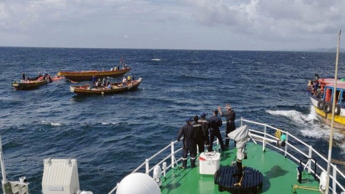 India Coast Guard ships warning fishermen to return to shore as pre-emptive measures ahead of Cyclone Yaas, in Andaman and Nicobar on 21 May 2021 | ANI Photo