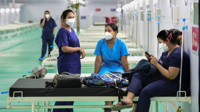 Health workers at Ramlila Maidan opposite GTB hospital in New Delhi, on 11 May 2021 | PTI