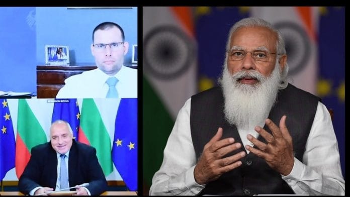 Prime Minister Narendra Modi and EU leaders during the annual summit on 8 May 2021. | Photo: Twitter/@MEAIndia