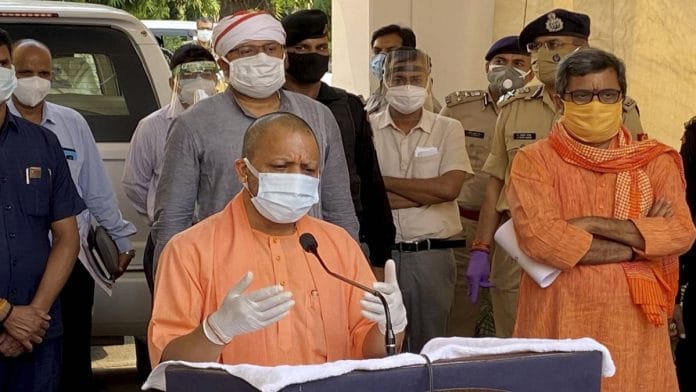 UP CM Yogi Adityanath addressing the media in Varanasi, on 9 May 2021 | PTI