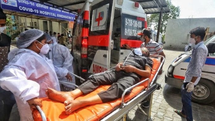 A Covid patient being taken in an ambulance in Ahmedabad, Gujarat | Praveen Jain | ThePrint