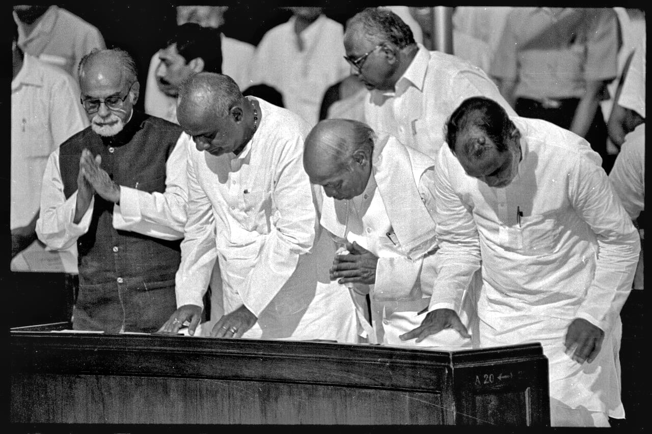 Prime Minister P. V. Narasimha Rao with H. D. Deve Gowda, Inder Kumar Gujral and Chandrashekhar at Parliament House | Photo: Praveen Jain