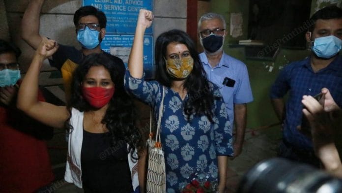 Devangana Kalita and Natasha Narwal after being released from Tihar Jail on 17 June 2021 | Photo: Manisha Mondal | ThePrint