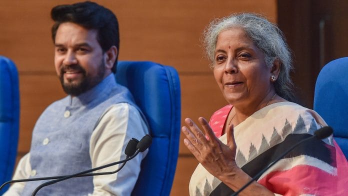 Union Finance Minister Nirmala Sitharaman (R) addresses a press conference in New Delhi on 28 June 2021.| Photo: Manvender Vashist | PTI