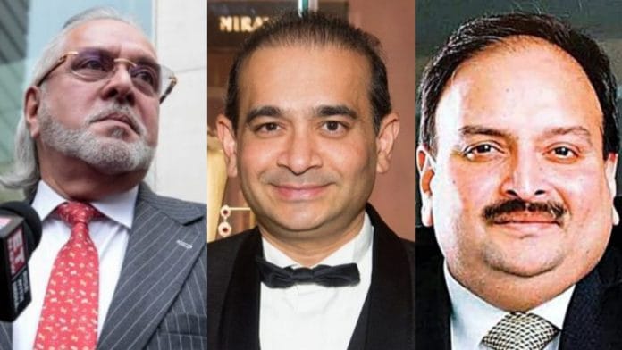 File photos of Vijay Mallya, Nirav Modi and Mehul Choksi | Bloomberg/Facebook @Nirav Modi/ANI photo