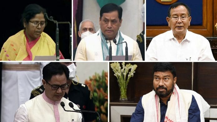 (Clockwise) Pratima Bhoumik, Sarbananda Sonowal, Rajkumar Ranjan Singh, Rameshwar Teli and Kiren Rijiju — the five BJP leaders from the Northeast who have been named ministers in the Modi government. | Photo: ANI