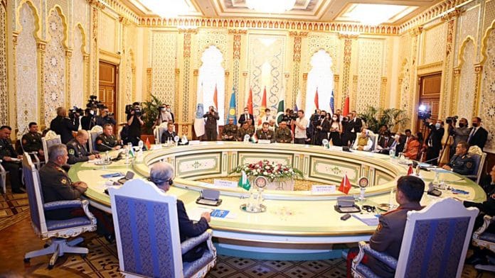 File photo of Defence Minister Rajnath Singh along with other dignitaries attend conclave of Shanghai Cooperation Organisation (SCO), in Dushanbe | Photo: ANI