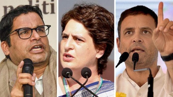 (From left) Prashant Kishor, Priyanka Gandhi and Rahul Gandhi | Photo credits: PTI, @INCInida, PTI