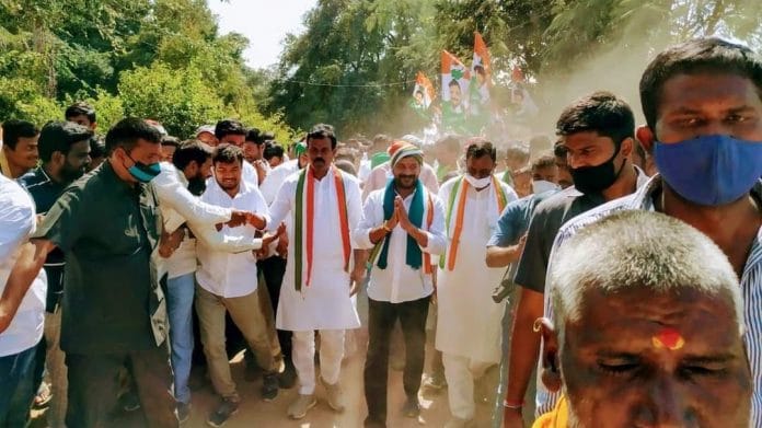 Telangana Congress president Revanth Reddy (centre) during his padayatra in February this year | Twitter: @revanth_anumula
