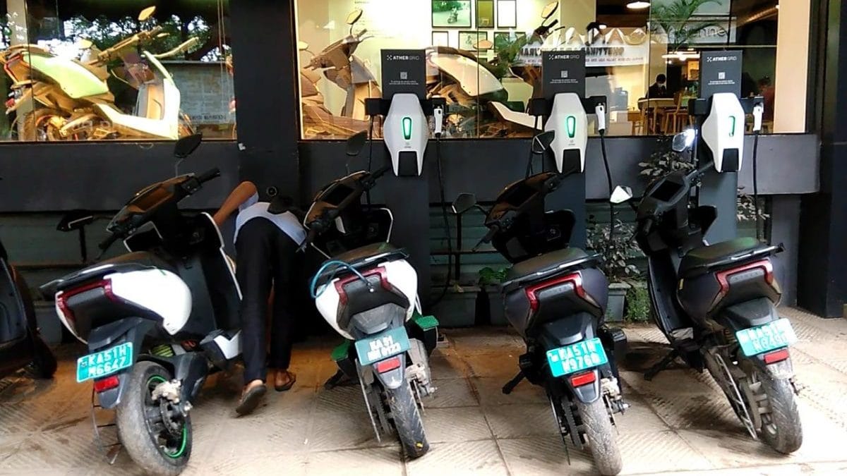Ather scooters at the charging point in Bengaluru | Photo: Angana Chakrabarti/ThePrint