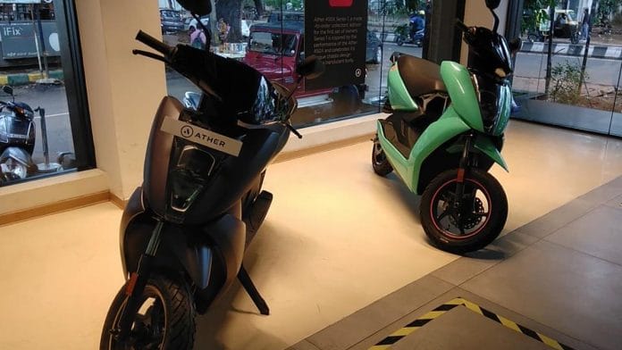 Ather Energy’s electric scooters at its experience centre in Bengaluru’s Indiranagar | Representational Image| Photo: Angana Chakrabarti/ThePrint