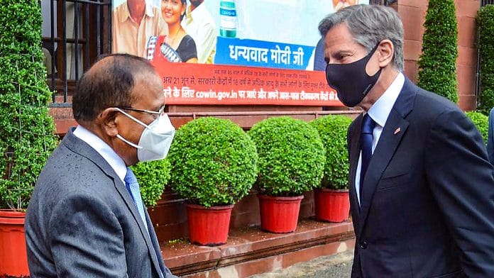 National Security Adviser Ajit Doval meets US Secretary of State Antony Blinken in New Delhi, on 28 July 2021 | PTI Photo