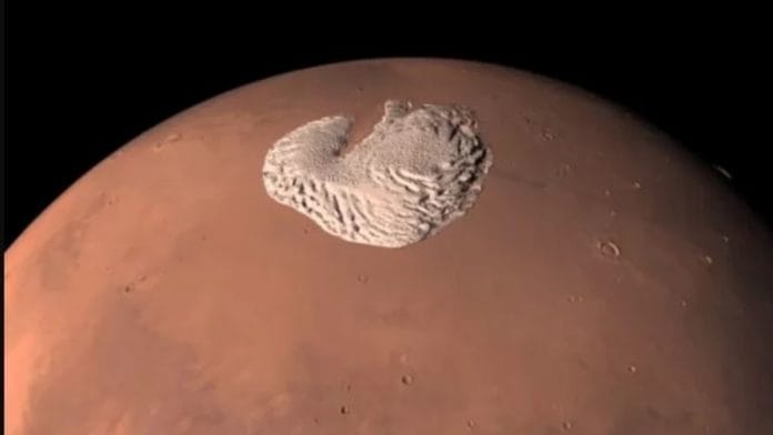 A screengrab from an animation of the Martian poles with ice caps. | Credit: ESA