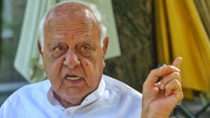 Former J&K Chief Minister Farooq Abdullah at his residence in Srinagar's Gupkar Road | Praveen Jain | ThePrint