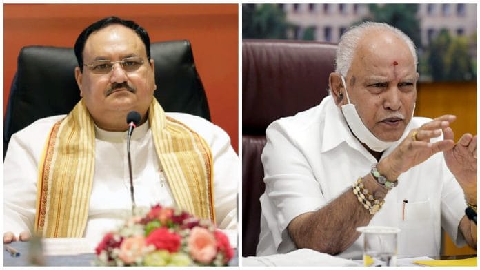 BJP chief JP Nadda (L) and Karnataka Chief Minister BS Yediyurappa