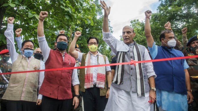 Union Defence Minister Rajnath Singh inaugurated 12 roads built by the BRO, from Arunachal Pradesh, on 17 June | Twitter | @PemaKhanduBJP